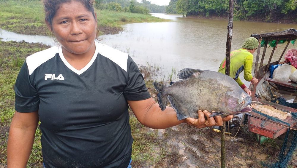 Indigene Frau mit Fisch im peruanischen Iquitos